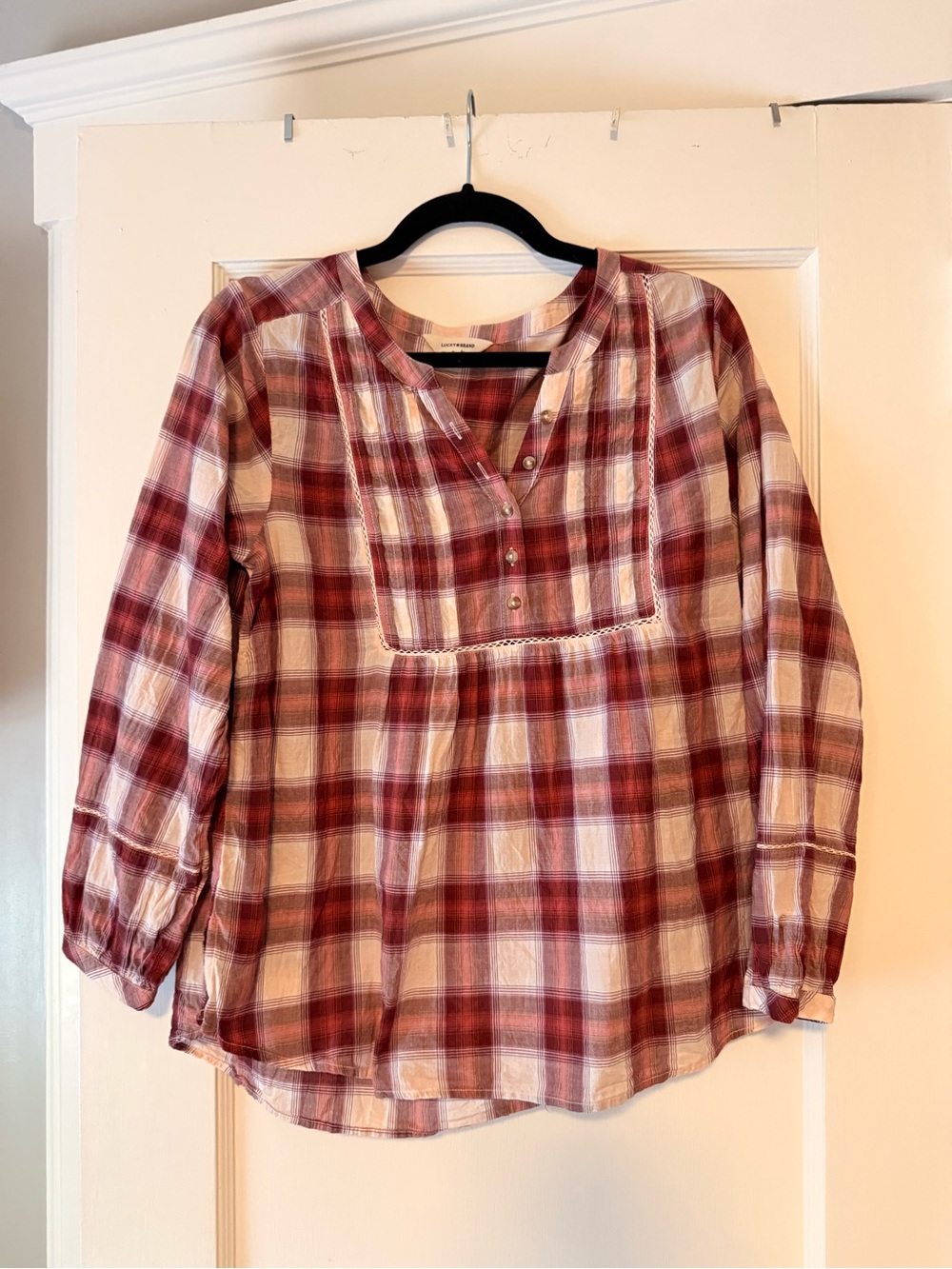 Lucky Brand Women's Plaid Button-Front Tunic Top - Red & White